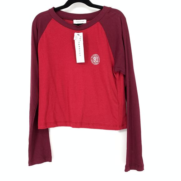 Topshop Tops - Topshop T-Shirt Women's Size 8 Varsity Long Sleeve Stretch Solid Maroon/Red NWT